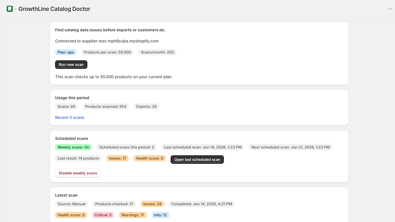 GrowthLine Catalog Doctor dashboard with scan controls, usage, scheduled scans, and latest scan status.