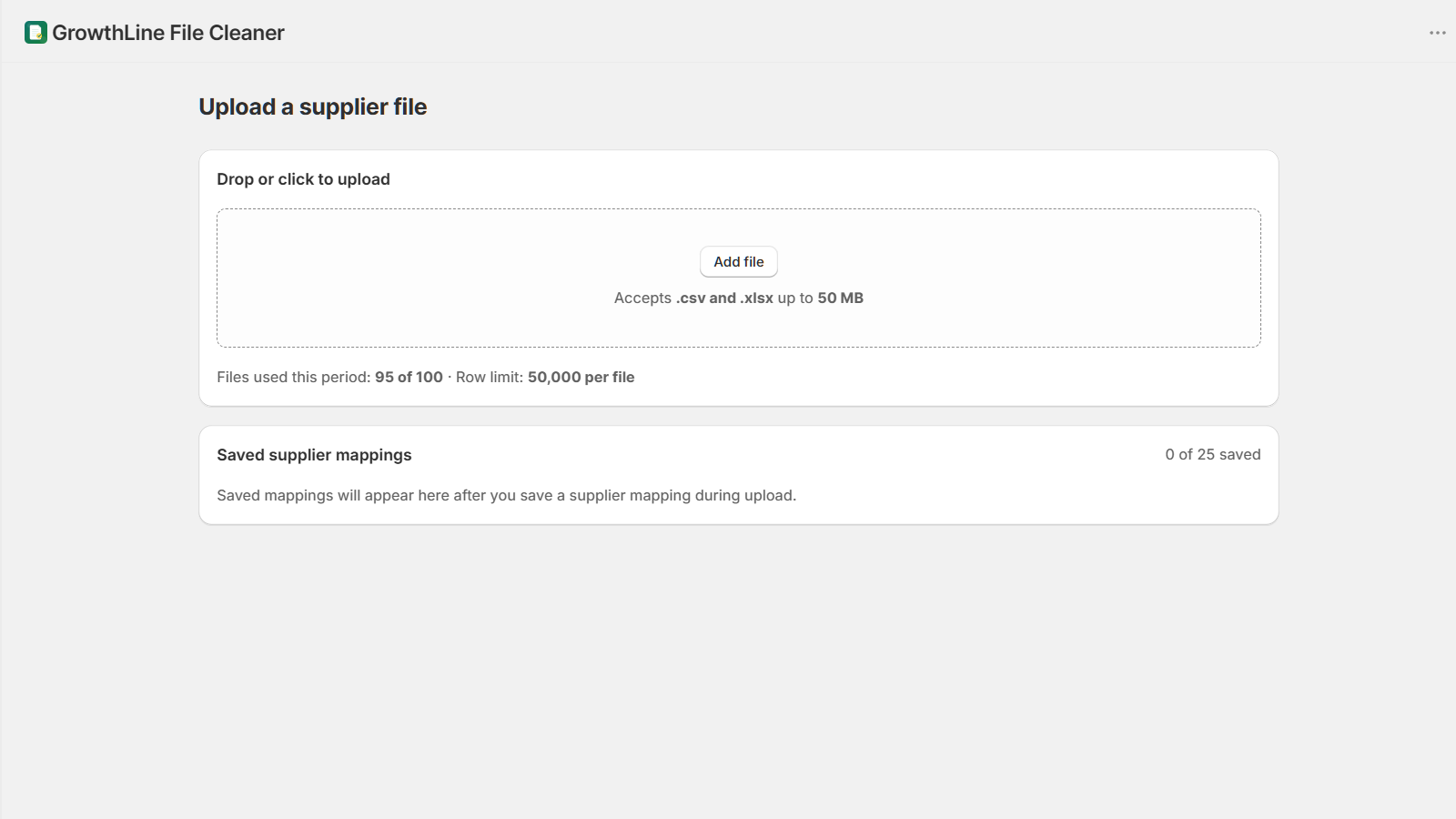 GrowthLine File Cleaner upload screen for supplier CSV and Excel files.